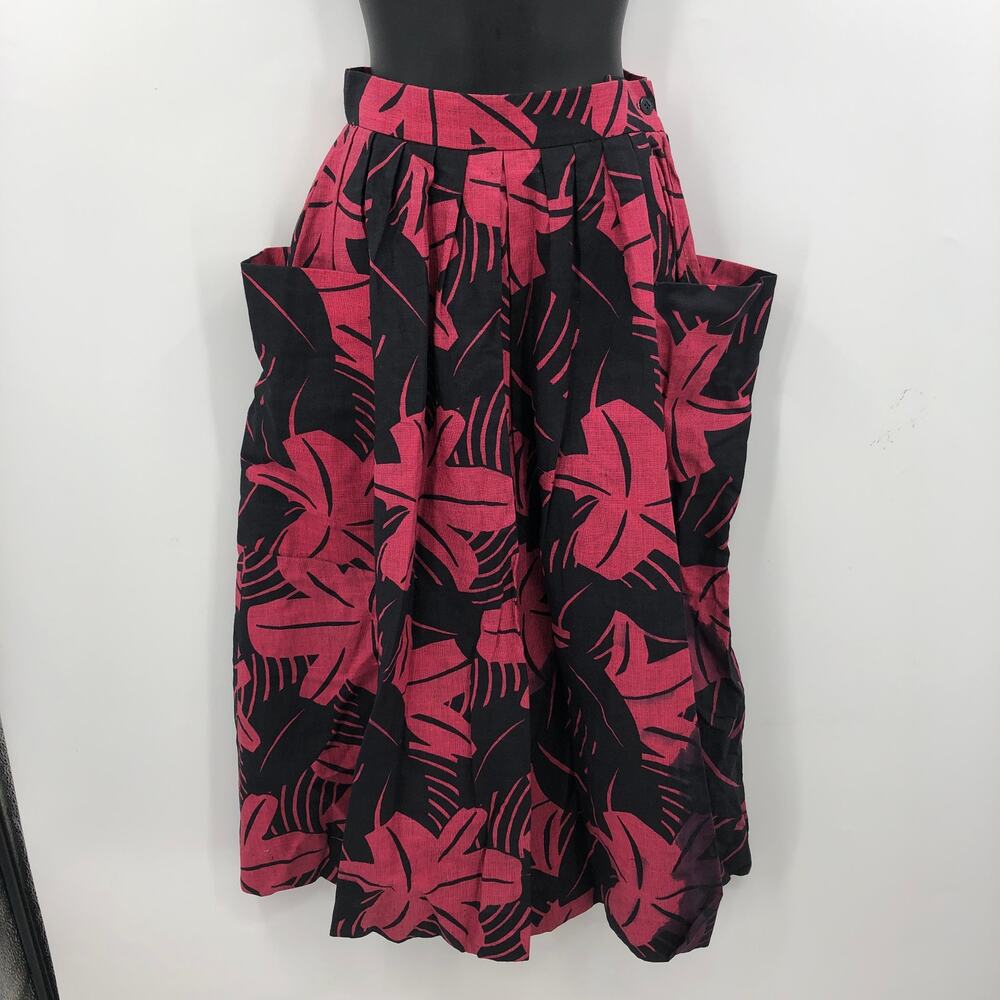 JH Collection Women's High Waist Pleated Floral Midi Skirt Red/Black 32"